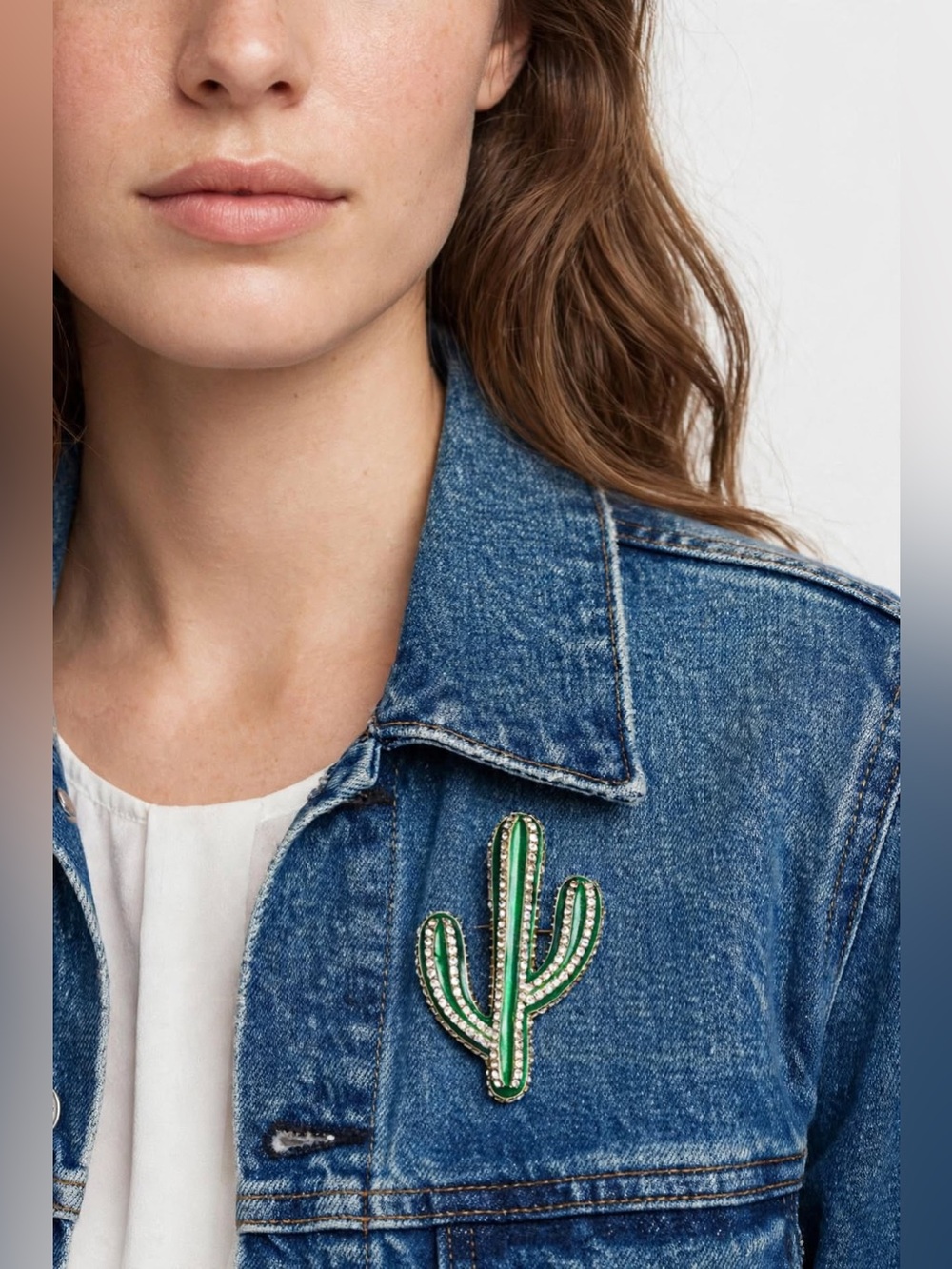 Green Cactus Brooch Pin - Rhinestone Sparkle Accent